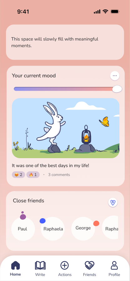 Safespace app home screen — mood, moments and close friends